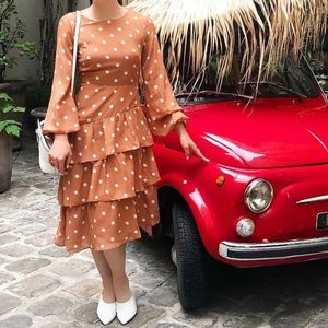 Caramel polka-dot ruffle midi dress